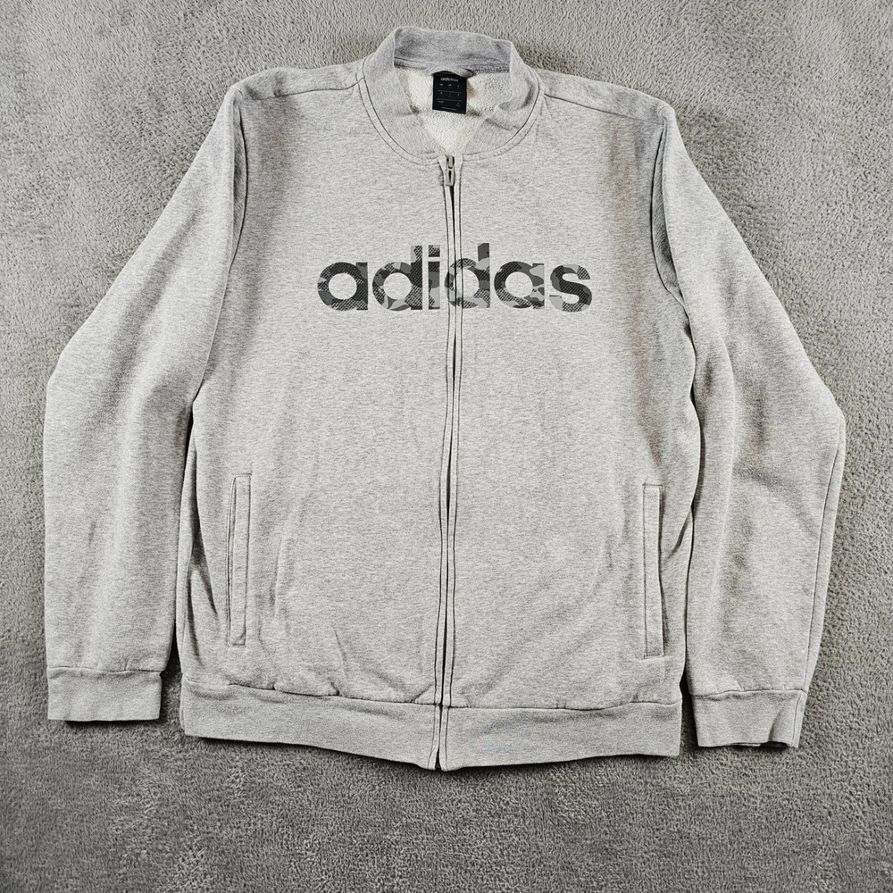 Adidas Mens Gray Camo Logo Full Zip Fleece Sweatshirt Jacket Athletic L